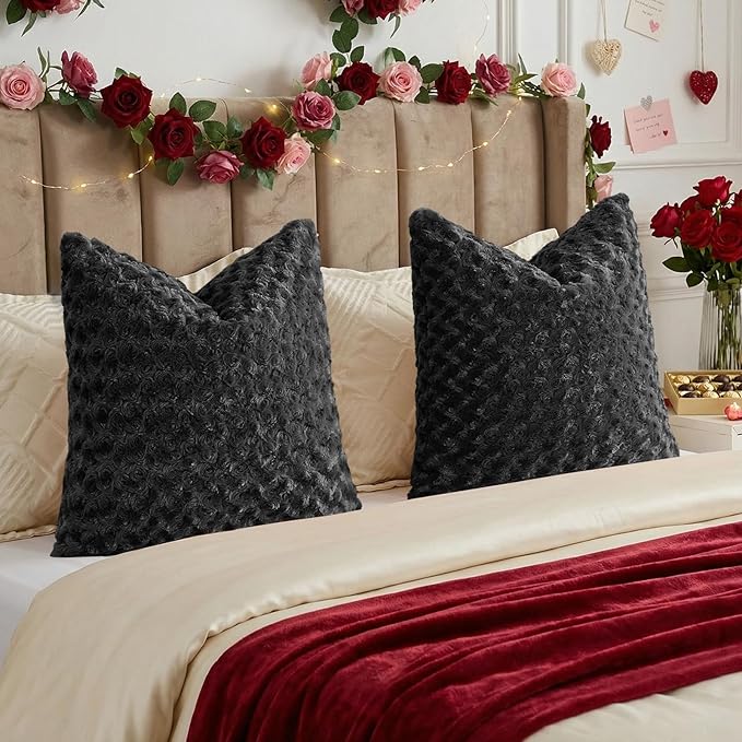 FUTEI Black Decorative Throw Pillow Covers 18x18 Inch Set of 2,Soft Solid Rose Swirl Textured Cushion Case,Valentine's Day Decor for Couch Living Room