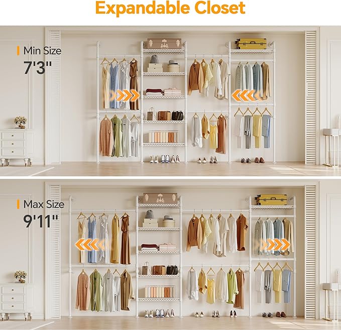 W4 Wall Mounted Closet System, Expandable Clothes Rack Heavy Duty Clothing Rack for Hanging Clothes, Industrial Pipe Closet Organizers for Reach in Closet, White