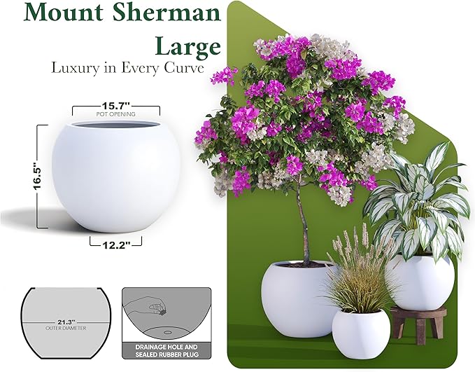 DTY Mount Sherman 21.1'' D x 16.7'' H (Pot Opening 14.6") Fiberstone Round Planter with Drainage Hole, Smooth Finishes, Weather Resistant for Indoor and Outdoor, 2 Extra Coco Mats - White, Large
