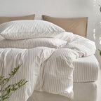 MooMee Striped Duvet Cover Set 100% Washed Cotton Linen Like Textured Breathable Durable Soft Comfy (White Tannish Linen Grey Wide Stripes, Oversized Queen 98"x98")