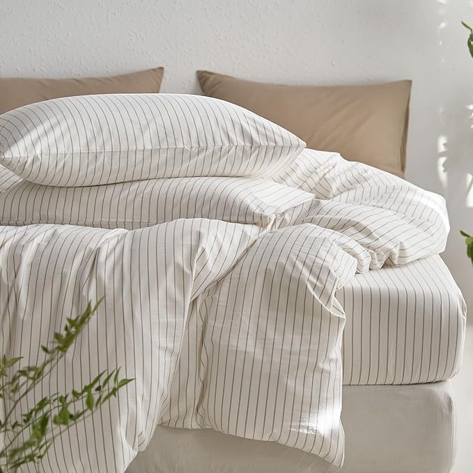 MooMee Striped Duvet Cover Set 100% Washed Cotton Linen Like Textured Breathable Durable Soft Comfy (White Tannish Linen Grey Wide Stripes, Twin 68"x90")