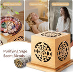 3-in-1 Bamboo Hollow-Out Square Incense Burner & Holder, Type-C Charging Ambient Night Light & Decor - Stylish Stick Incense Holder for Sage, Cones & Sticks, Zen Gift (Floral Pattern)