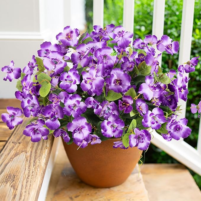 Fake Hibiscus Artificial Flowers for Outdoors Spring Summer Decoration, 6 Bundles Silk Purple Hibiscus Flowers Bouquet UV Resistant Look Real Faux Plants for Outside Planter Front Door Porch Balcony
