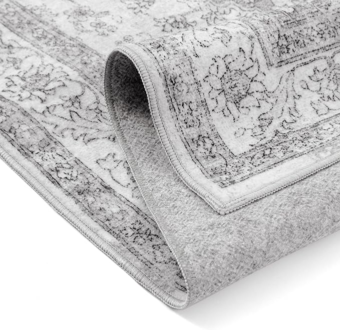 Gray Area Rug 5x8 Washable Living Room Carpet Vintage Non Slip Soft Bedroom Indoor Office Retro Grey Low Pile Thin Oriental Medallion Large Rug for Dining Room Bathroom Kitchen