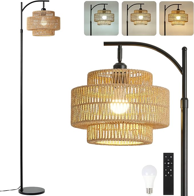 Boho Rattan Floor Lamp with Hand-Woven Wicker for Living Room,Modern 3-Tier Tall Floor Lamp with 3 Color Temperatures Remote & Dimmable 9W Bulb for Dining Room Bedroom Office Hotel(Brown)