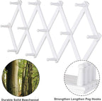 Dseap Accordian Wall Hanger: 16” High Wooden Wall Expandable Coat Rack, Hat Rack Holder, Accordion Hook for Baseball Caps, Coats, Mugs, 13 Peg Hooks, White
