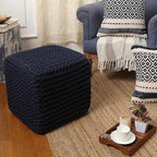 REDEARTH · Square Hand Knitted Pouf - Foot Stool Ottoman Coffee Table - Cotton Cord Boho Pouffe - Poof Accent Footrest for Living Room - Bedroom - Library (16" x 16" x 16") - Navy Blue, Set of 2