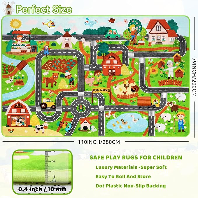 Kids Rug Play Mat for Toy Cars,110" × 78.7" Extra Large Farm Life Road Traffic for Playroom Kids Car Road Rug Village Map Play Mat Non-Slip Washable Carpet for Toddlers Boys Room Tummy Time Playtime
