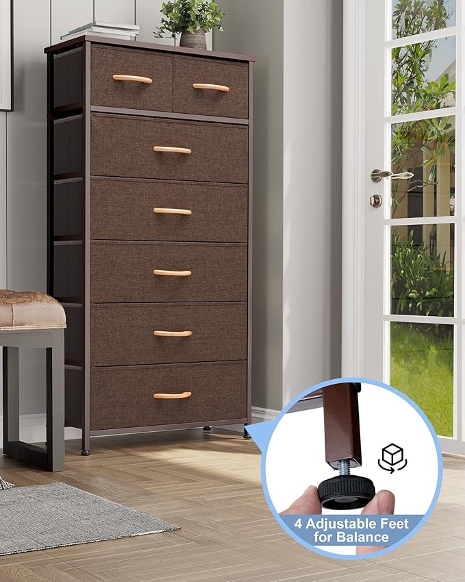 Crestlive Products Vertical Dresser Storage Tower - Sturdy Steel Frame, Wood Top, Easy Pull Fabric Bins, Wood Handles - Organizer Unit for Bedroom, Entryway, Closets - 7 Drawers (Brown)