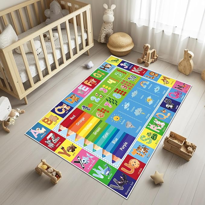 Baby Play Mat, ABC Rug for Kids Playroom, Non Slip Washable Toddler Floor Mat, Alphabet Numbers Colors Weather Learning Classroom Rug for Nursery or Preschool, 4x6 ft