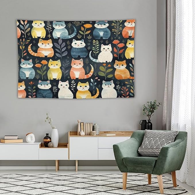 VUMIVI Cartoon Abstract Cat Tapestry Fun Cute Animals Plants Bohemian Modern Art Color Illustration Tapestry Wall Hanging for Living Room Bedroom Dorm Classroom Aesthetic Decor W60xL40in