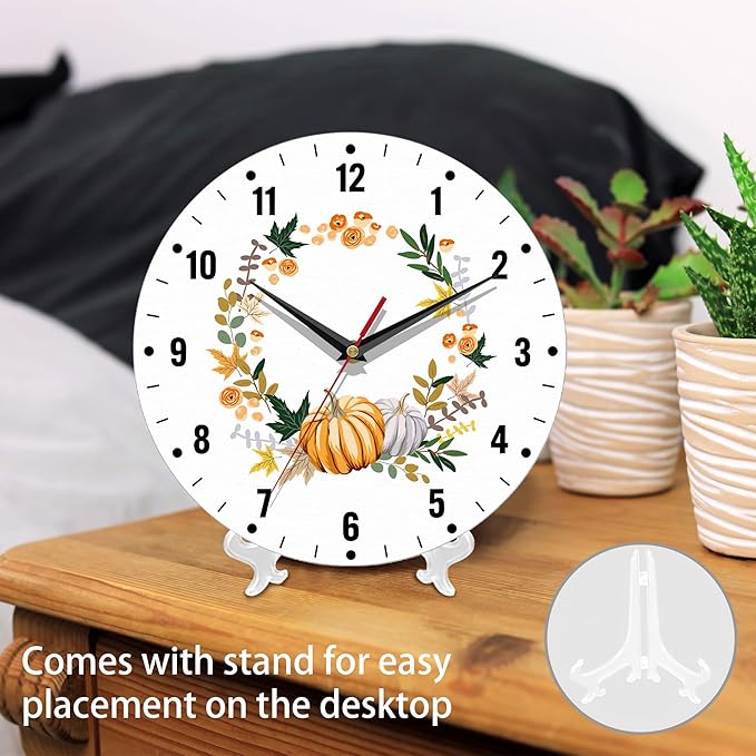 SPUNKER Thanksgiving Day Wall Clock,Autumn Pumpkin Kitchen Wall Clock,Maple Leaves Flower Clocks 10 Inch Silent Non-Ticking Wall Battery Operated for Living Room Bedroom Bathroom Laundry Room Decor
