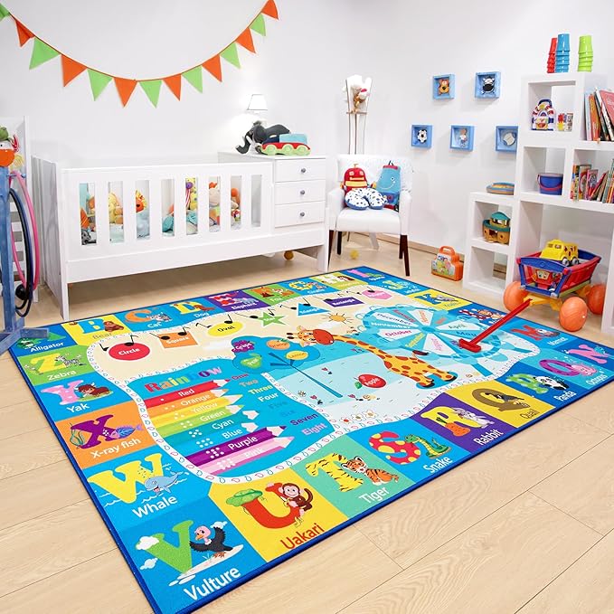 Chicrug Educational Kid Area Rug for Playroom, 5x7 Feet TPR Non Slip Kids Classroom Carpet Rug for Learning ABC Animal, Shape Color Fruit, Washable Play Mat Rug for Children Nursery Toddler Room Decor