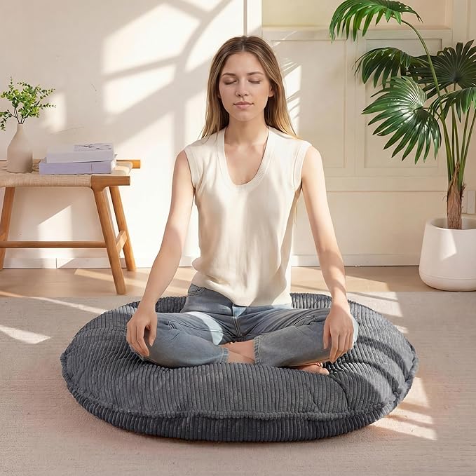 35" Washable Floor Pillow Cushion for Adults, Meditation Cushion Pillow, Extra Large Round Floor Sitting, Removable Tufted Corduroy Cover, for Tatami Living Room or Yoga, Dark Grey, Machine Washable