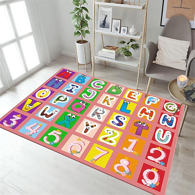 Kids Area Rug English Characters ABC and Math Symbols Learning Carpets, Lovely Cartoon Pink Washable Foldable Door Mat Ideal for Living Dining Room Bedside Kids Girls Bedroom, 3x4ft