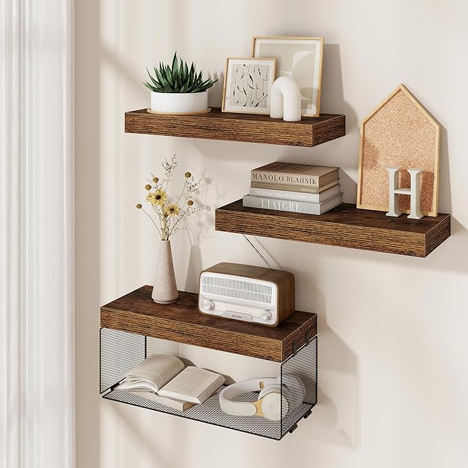 Bathroom Floating Shelves for Wall,16 inch Wall Mounted Floating Shelf Toilet Organizer and Storage,Small Farmhouse Decor Shelf,Rustic Brown,Set of 3