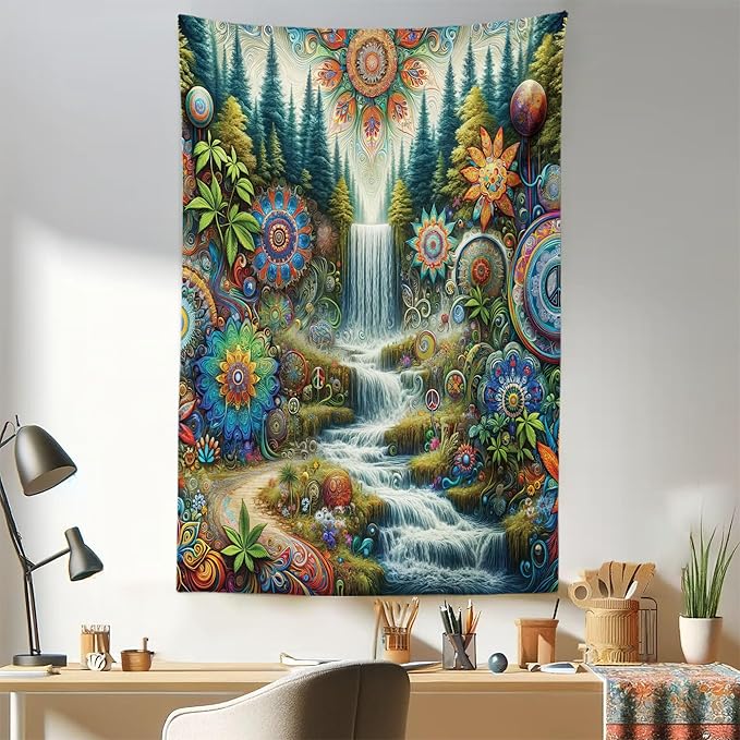 Ambesonne Trippy Tapestry, Scenic Waterfall with Wonderland Woods and Psychedelic Mandala Flowers, Fabric Wall Hanging Decor for Bedroom Living Room Dorm, 30" X 45", Olive Green Multicolor