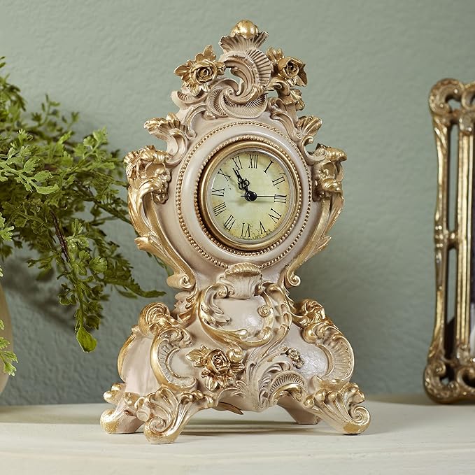 Touch of Class Oliviana Table Clock - Resin - Ivory, Gold - Victorian Style - Acanthus Leaves - Vintage Decor for Bedroom, Bathroom Shelf, Living Room, Mantel, Entryway, Foyer