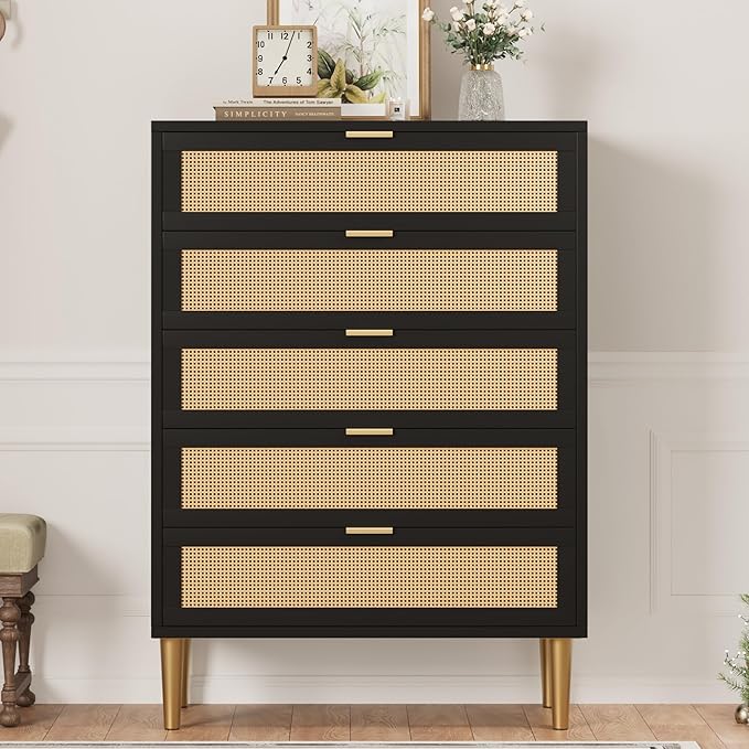GarveeHome Rattan 5 Drawer Dresser, Modern Chest of Drawers with Gold Legs and Gold Handles, Tall Dresser with Large Tabletop and Anti-Tipping Design for Bedroom Living Room, Black