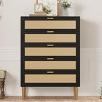 GarveeHome Rattan 5 Drawer Dresser, Modern Chest of Drawers with Gold Legs and Gold Handles, Tall Dresser with Large Tabletop and Anti-Tipping Design for Bedroom Living Room, Black