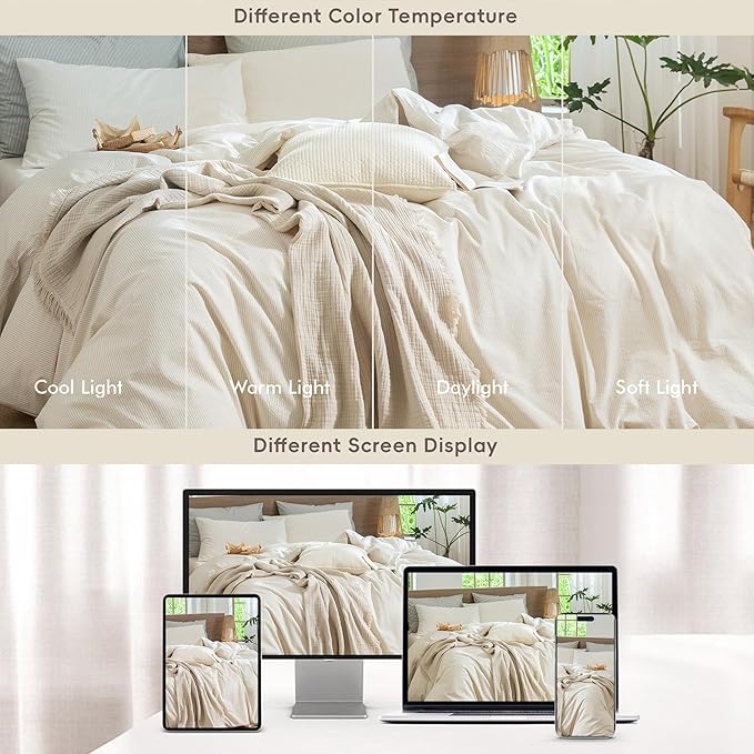 MooMee Striped Duvet Cover Set 100% Washed Cotton Linen Like Textured Breathable Durable Soft Comfy (Almond Milk Grey Pinstripes, Alaska King 132"x120")