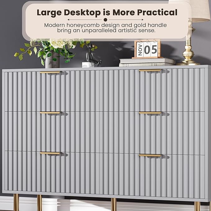 6 Drawer Dresser for Bedroom, Fluted 47.2 in Wide Modern Chest of Drawers with Deep Drawers, Long Large Double Dresser TV Stand, Wooden Dresser Organizer for Living Room, Hallway, Kids Room, Grey