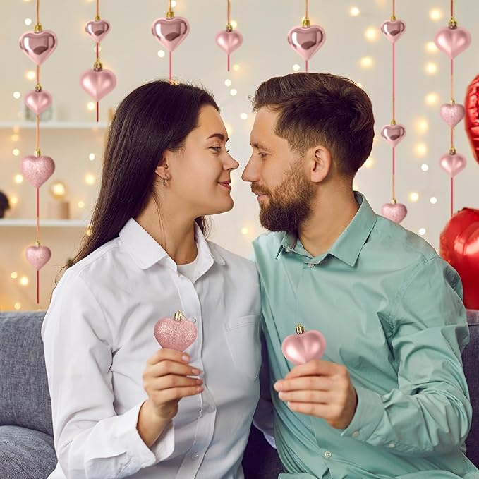 24PCS Valentines Day Heart Ornaments, Rosegold Heart Shaped Ornaments, 2 Sizes Heart Hanging Ornaments, Glossy Heart Baubles Hanging Decorations for Valentine's Day Wedding Anniversary Party Decor
