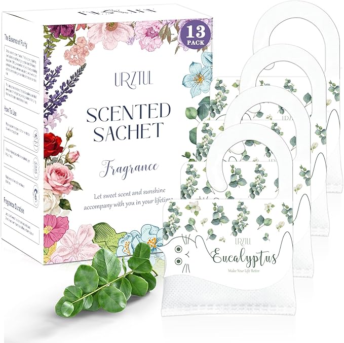 13 PCS Eucalyptus Scented Sachets, Long Lasting Hanging Air Freshener Bags for Closet, Drawer, Shoe Cabinet, Car & Bathroom, Odor Eliminator & Home Fragrance Potpourri Bag