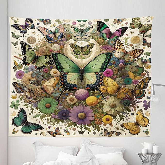 Ambesonne Boho Tapestry King Size, Dancing Moth and Butterfly with Colorful Leafy Jumble Flowers Witchcore, Wall Hanging Bedspread Bed Cover Wall Decor, 104" X 88", Fern Green Lilac Orange