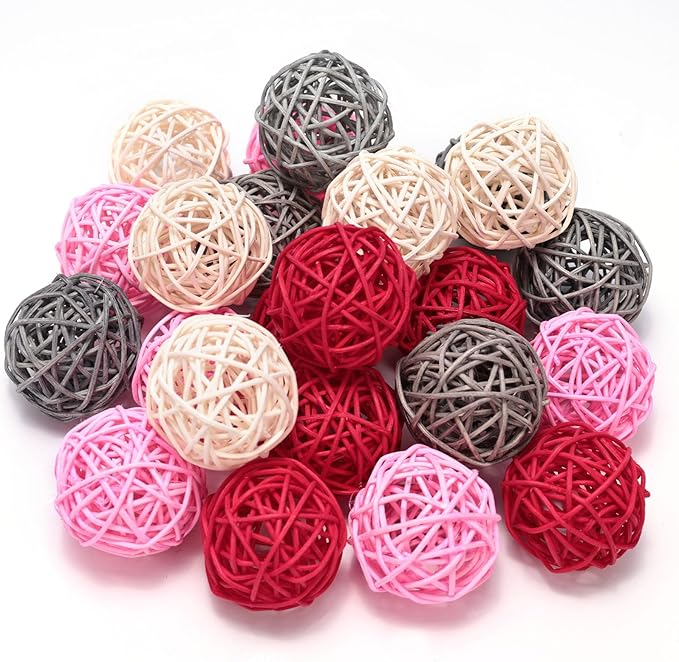 DomeStar Valentines Day Tiered Tray Heart Bowl Fillers Decor, 24PCS Pink Rattan Balls Decorative Balls for Bowl Centerpiece, 2 Inches Home Indoor Table Decor