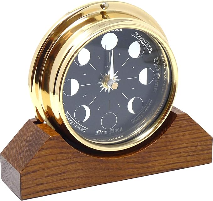 Prestige Brass Moon Phase Clock on a Solid English Oak Mantel/Display Mount