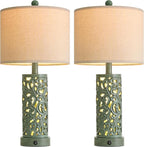 OYEARS 22'' Table Lamp Set of 2 for Living Room, Farmhouse Lamp for Bedroom, Vintage Bedside Lamps with Retro Design and USB Ports, Linen Shade for Home Office (Bulb Included, Green)