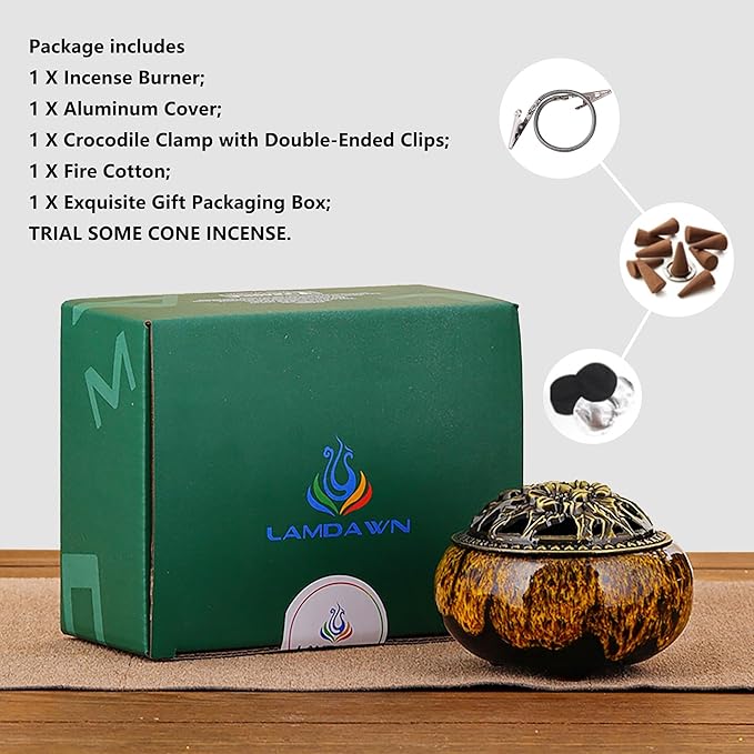 Incense Burner with Calabash Incense Stick Holder - Porcelain Charcoal Censer for Use with Resin Granular Powder Cone or Coil Incense (Kiln-Colored Yellow)