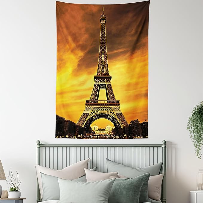 Ambesonne Eiffel Tower Tapestry Queen Size, Paris Love City Monument in Dramatic Sunrise Picture of French Landmark, Wall Hanging Bedspread Bed Cover Wall Decor, 88" X 88", Yellow Brown