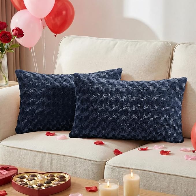 FUTEI Navy Blue Decorative Throw Pillow Covers 12x20 Inch Set of 2,Soft Solid Rose Swirl Textured Lumbar Pillow Case,Valentine's Day Decor for Couch Living Room