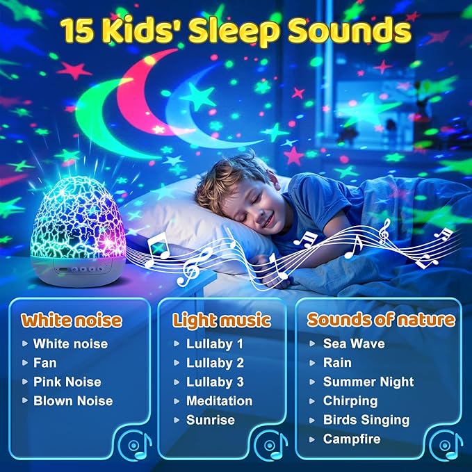 PIKOY Nursery Night Light with Sounds Star Projector Christmas Gifts for Grandkids | 15 Sounds Baby Christmas Gifts | 6 HD Films Boy Toys for Age 3~8 | Remote Control Boy Gifts for Age 3~8