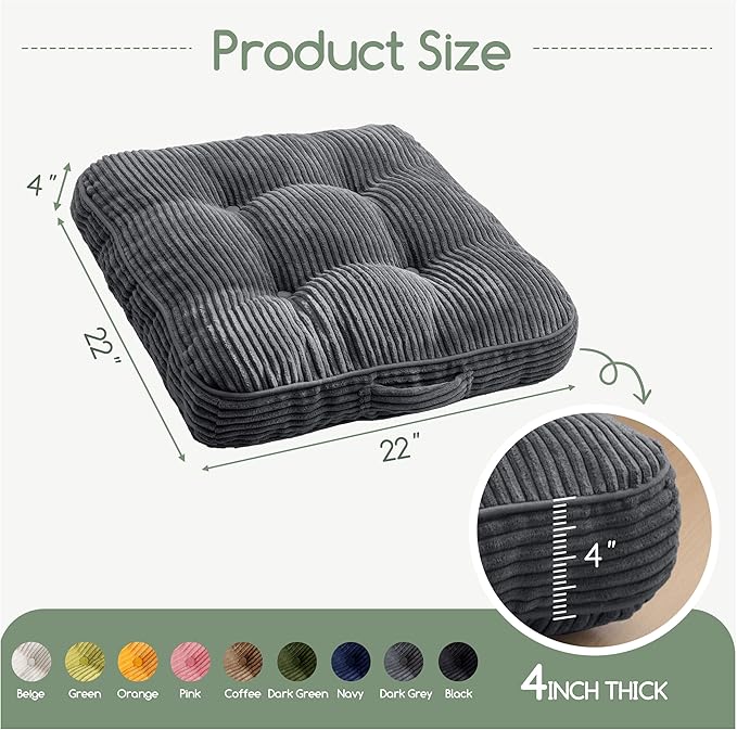 HIGOGOGO Washable Floor Pillow Cushion for Adults, Meditation Cushion Pillow, Large Square Floor Sitting, Removable Tufted Corduroy Cover, for Tatami Living Room or Yoga, 22x22 Inch, Machine Washable