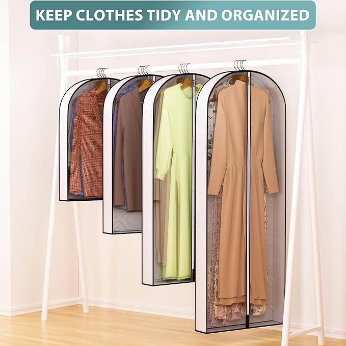 32” Garment Bags for Hanging Clothes 4” Gusseted - with Clear Window, Breathable Fabric, Metal Zipper, Suit Coat Fur Protector for Closet storage, clothes Season Off, Moving, 5 Pack