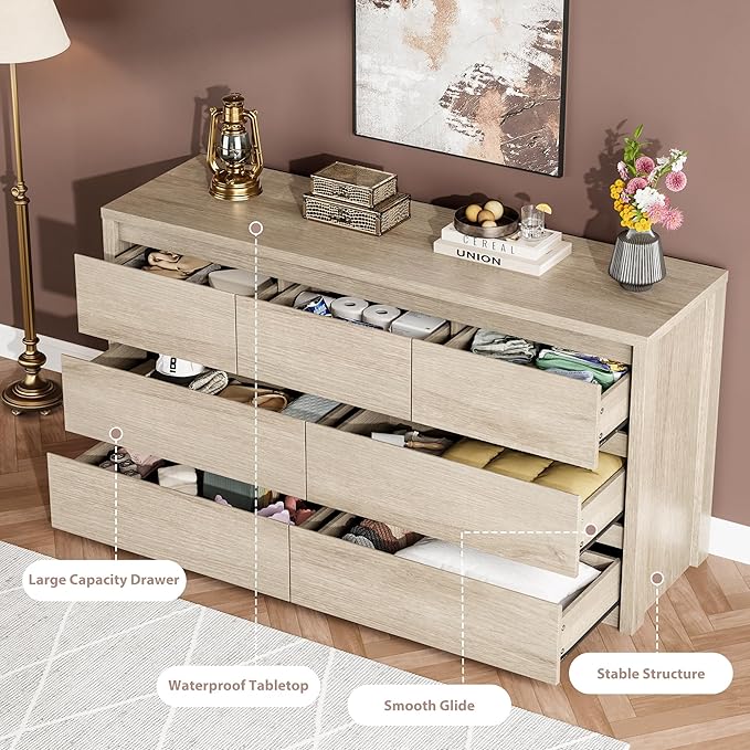 GarveeHome 7 Drawer Dresser for Bedroom, Wide Modern Chest of Drawers, Large Wood Dresser Wooden Storage Organizer for Living Room, Hallway Entryway