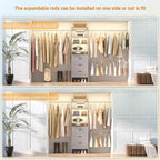 96'' Closet Organizer System with 3 Hanging Rods, 8FT Closet Organizers and Storage with 3 Wooden Drawers, Built in Closet Organizer Systems, Adjustable Walk-in Wardrobe from 5-8FT, Grey