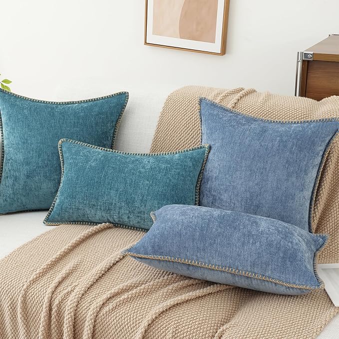 decorUhome Spring Chenille Soft Cozy Throw Pillow Covers 20x20 Set of 2, Modern Farmhouse Boho Velvet Decorative Pillow Cases with Stitched Edge for Couch Sofa Bed Home Decor, Blue