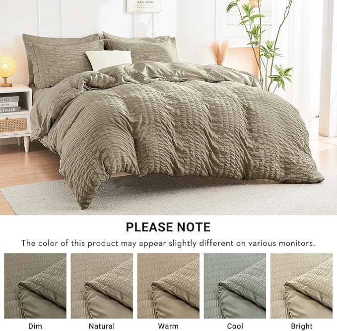 HYMOKEGE Linen California King Comforter Set Seersucker 7 Pieces, All Season Luxury Bed in a Bag for Bedroom, Bedding Set with Comforter, Sheets, Pillowcases & Shams