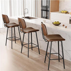 29-Inch Leather Bar Stools Set of 3, Counter Height Barstools with High Backrest，Bar Chairs for Kitchen Island with Heavy Duty Metal Legs, Dark Brown