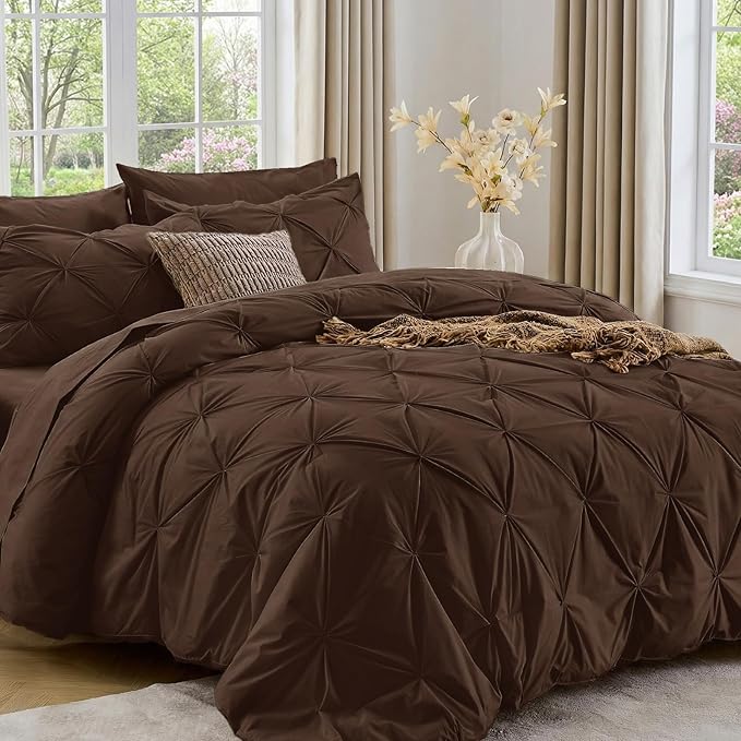 Sasttie Queen Comforter Set, 7-Piece Bed in a Bag, Pintuck Bedding Sets for All Season, Includes Comforter, Flat Sheet, Fitted Sheet, Pillowcases and Pillowshams, Dark Brown