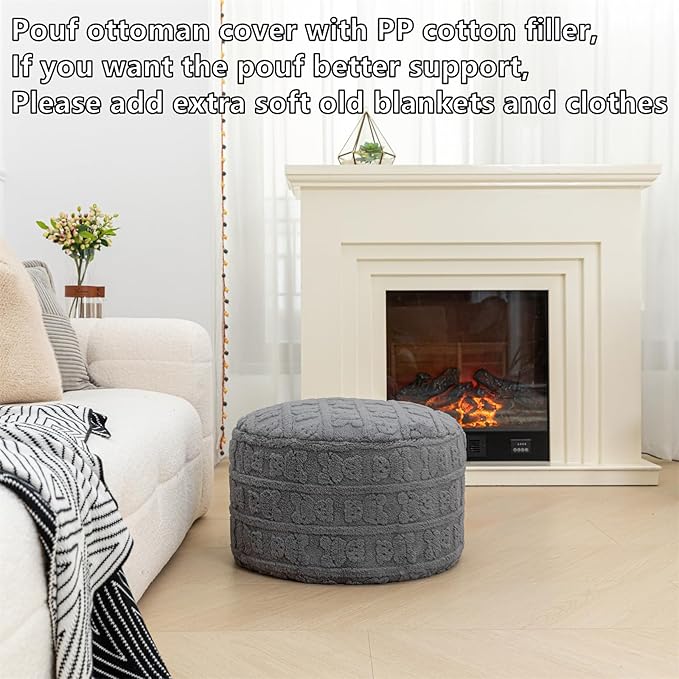 Stuffed Pouf Ottoman with High Density Foam Filler Plush Fiber Pouf Stool Round Foot Stool Cushion Storage Ottoman 20 * 12''Floor Poufs Foot Rest for Living Room (Gray)