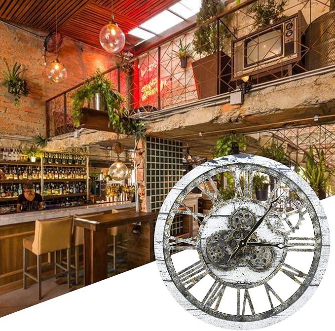 HOIBAI Vintage Industrial Wall Clock, 24 Inch, Rustic Natural Wood, Moving Gears, Silent Non-Ticking, Easy Installation, Large Wall Clock for Living Room Decor