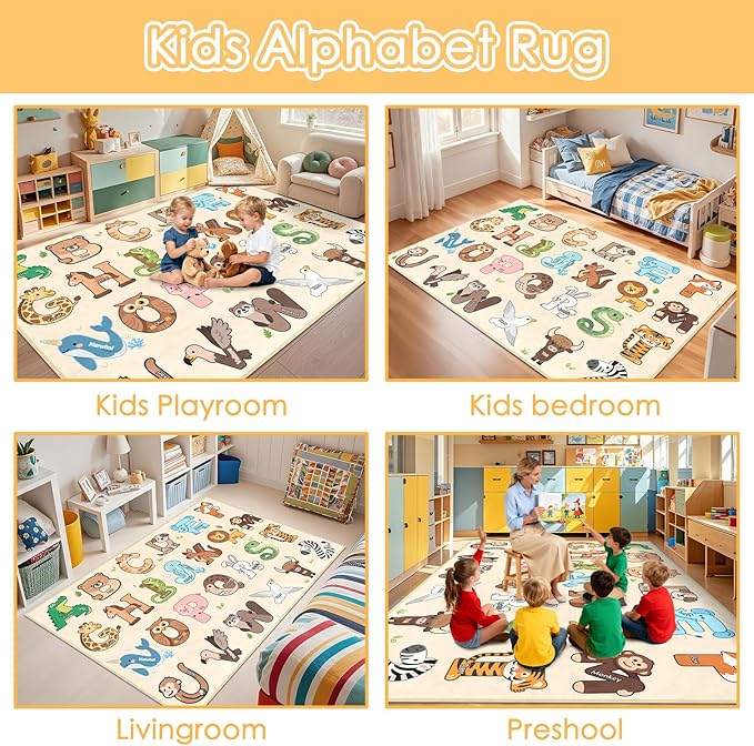 Kids Rugs for Playroom - 2.5x4 Feet ABC Rug for Toddler Children Educational Learning Animal, Alphabet Rug Kids Play Mat Nursery Bedroom Kindergarten Decor, Beige