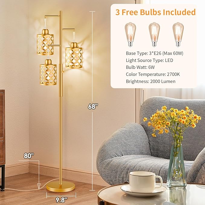 68" Dimmable Floor Lamp, Modern Standing Lamp with Elegant Metal Cage, Industrial Tall Tree Floor Lamps for Living Room, Bedroom, Study Room, Office (2000LM LED Bulbs Included) - Gold