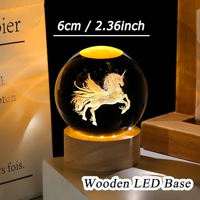 3D Unicorn Crystal Ball with Wooden Light Base Glass Unicorns Figurine Gifts for Women Daughter Lovers for Birthday Valentine's Day Christmas Decor Lamp Paperweight (Diameter 2.36 inches)