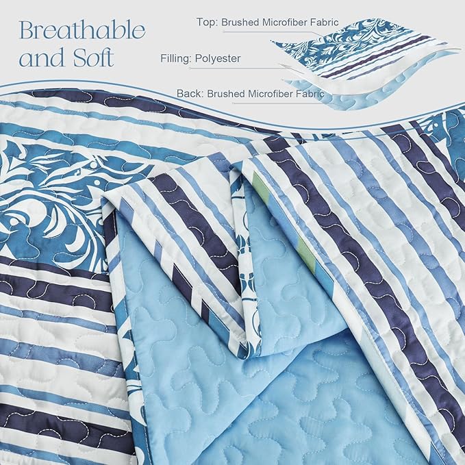 Exclusivo Mezcla Reversible Boho Quilts King Size, Blue Bedspreads Lightweight Coverlet All Season Bohemian Quilt Bedding Set with Printed Striped Floral Pattern (1 Quilt, 2 Pillow Shams)